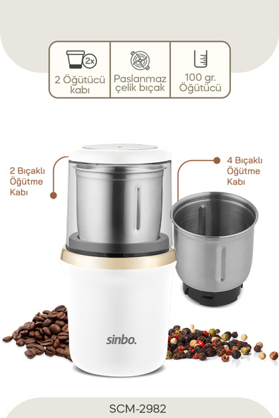 Sinbo 2982 Kahve & Baharat Öğütücü Beyaz/Gold – 200W Güç, Paslanmaz Çelik Bıç...