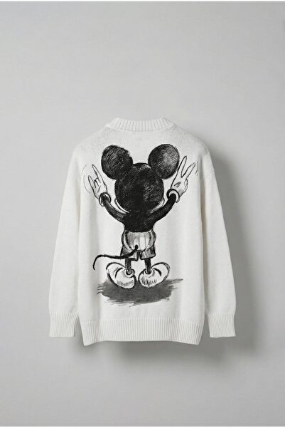 ablukaonline Erkek Oversize Mickey Mouse Kabartma Baskılı Kazak Beyaz
