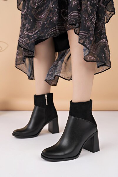 Nesil Shoes حذاء نسائي بكعب من الجلد السويدي الأسود موديل Mddm 1012