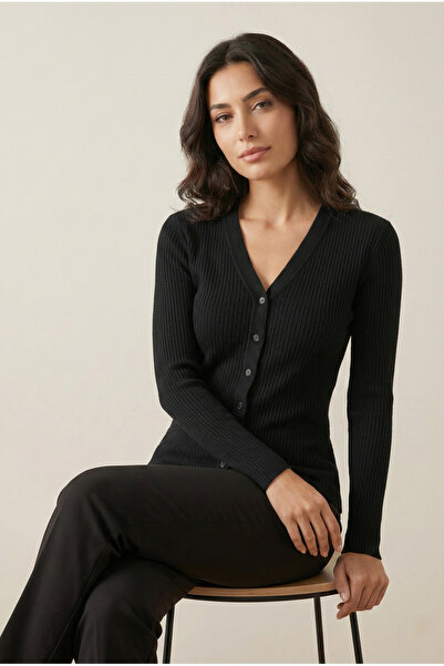 Şiir Korfu Kadın Yumuşak Dokulu Slim Kalıp Klasik Düğmeli Uzun Kollu Örme Jak...