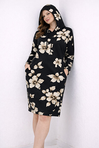 Şans Women's Plus Size Beige, Floral Print, Side Pockets, Hooded Tunic Dress 65N39297