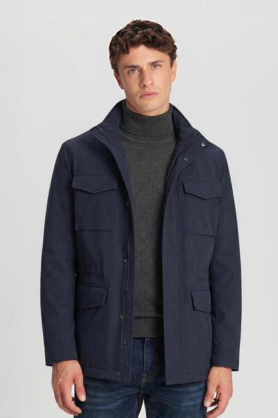 Sabri Özel Lacivert Standart Fit Dik Yaka Cepli Mont