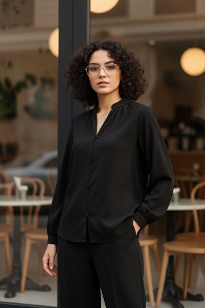 Mossta Hakim Collared Buttoned Imported Crepe Blouse - Black