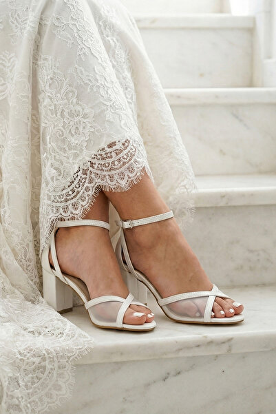 Erkan Saçmacı Charlotte White Vegan Cross-Strapped Mesh Thick Heeled Evening ...