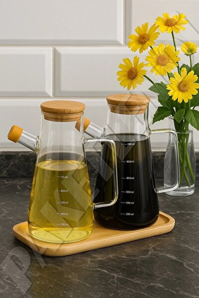 Genel Markalar 2 Adet 900ml Bambu Kapaklı Vakumlu Borosilikat Yağdanlık (Bambu Altlığı Sete Dahil)