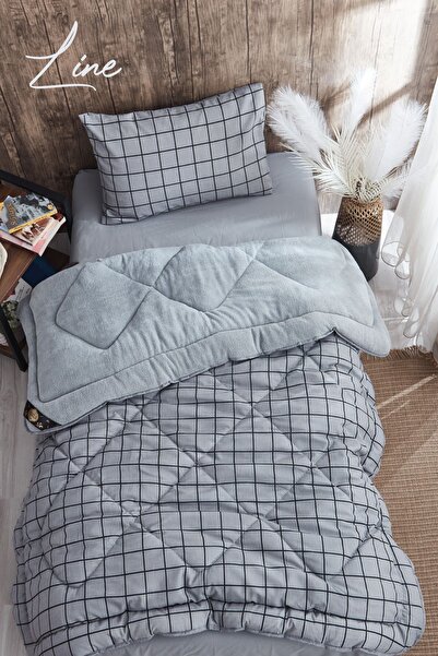 MARLA HOME طقم لحاف ويلسوفت فردي منقوش باللونين الأسود والرمادي - بطانية ناعم...