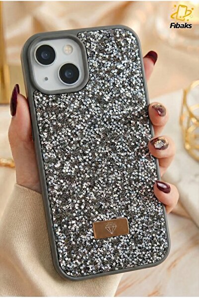 Fibaks حافظة متوافقة مع هاتف آيفون 13 - 14 - 15 بتصميم مخملي ماسي وحجر رمادي وسيليكون ماسي لامع