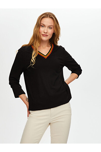 Faik Sönmez Kadın Çizgili Triko Yakalı Uzun Kol Kaşkorse Bluz