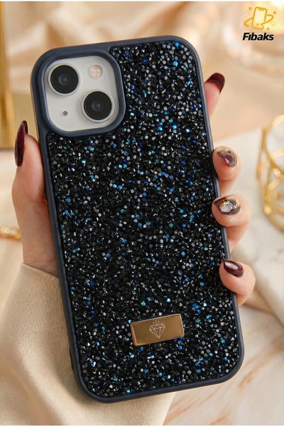 Fibaks iPhone 13 - 14 - 15 Compatible Case Velvet Diamond Design Dark Blue St...