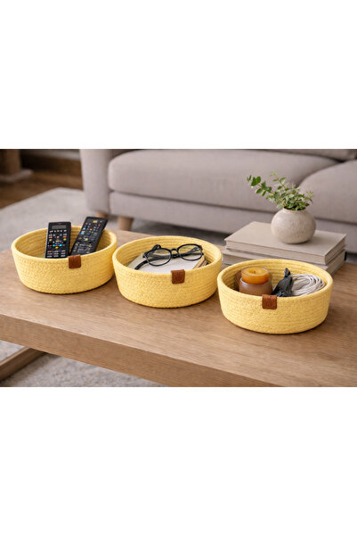 Naspar طقم سلال قطنية مخيطة باللون الأصفر مكون من 3 قطع - أدوات مائدة ومنظم ل...