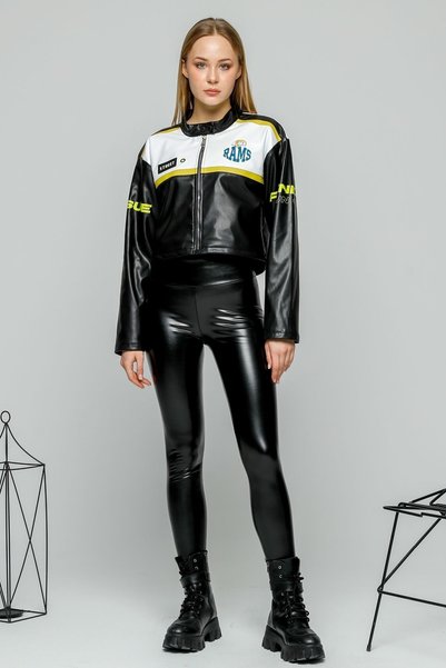 Black Level Women's Oversize Printed Leather Striped Biker Coat Short Zippered Racer Jacket Bomber College Coat