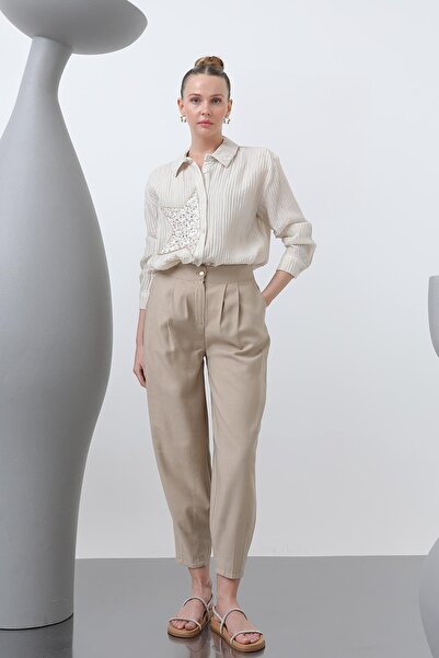 Puane Pantaloni largi pentru femei cu corset în față și elastic în spate - 18235PNT - CAMEL