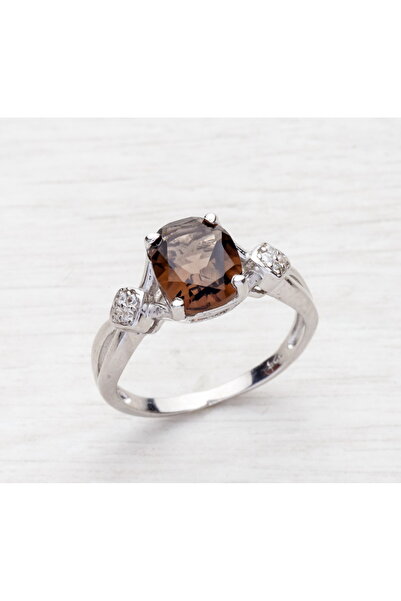 925 Ayar Gümüş Kaplamalı Atom Beyaz Zirkon ve Oval Smoky QUARTZ Taşlı Kadın Yüzük