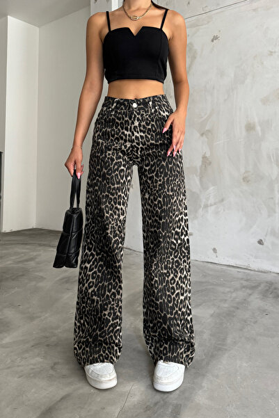 BİKELİFE Pantaloni de damă Palazzo din lycra cu talie înaltă și picior lat cu imprimeu leopard