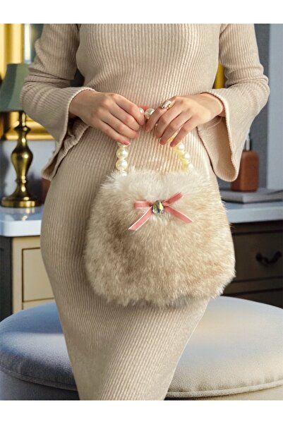 vesperatr Tasarım peluş inci askılı taşlı kurdeleli çanta