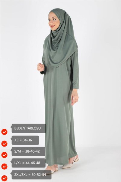 Plistre 2133_Pratik Tek Parça Kaymaz Başörtülü Kolay Giyilebilen Namaz Elbisesi-Çantalı - Çağla