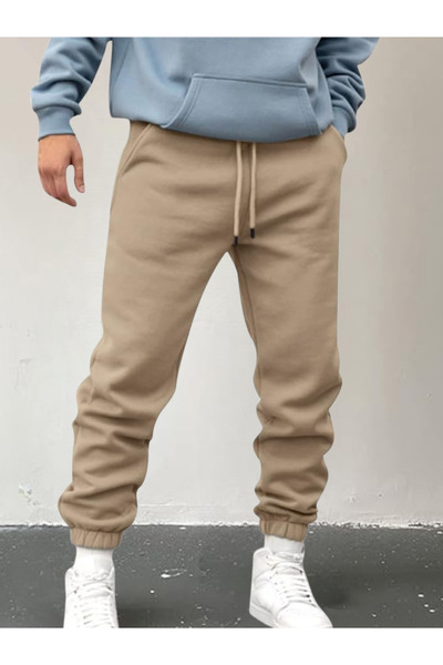 DEEPSENCE Erkek Kışlık Kalın Eşofman Altı 3 İplik Bej Lastik Paça Jogger