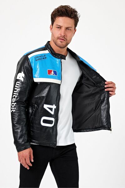 Black Level Мъжко яке с пухена кожа, голям размер, бомбър яке с цип и щампа