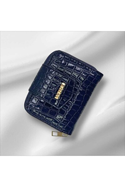 EZZY BLİSS Ezzybliss Women's Navy Blue Shiny Crocodile Crocodile Pattern Faux Leather Wallet with Card Holder Compartment
