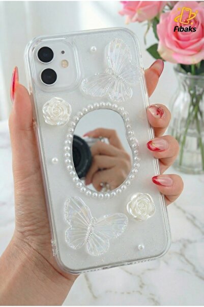 Fibaks Apple iPhone 11 Case 3D Butterfly Rose Pattern Mirrored Glitter Transparent Design Silicone Cover