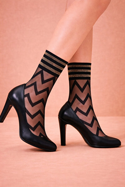 Katia&Bony Дамски тънки скъсани чорапи със зигзаг - черни/сребристи