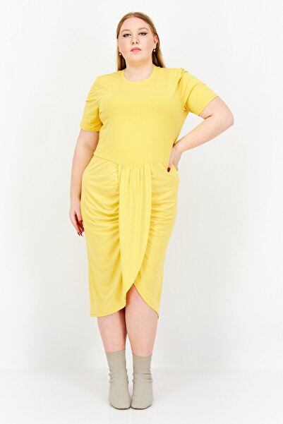 Nina Parker Women Plus Size Solid Faux-Wrap Dress, Yellow