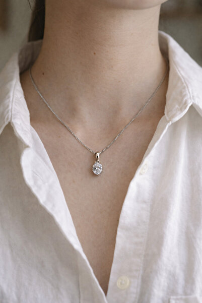 Owentis Çelik Silver Pırlanta Oval Kesim Elsa Kolye -kararma Yapmaz-