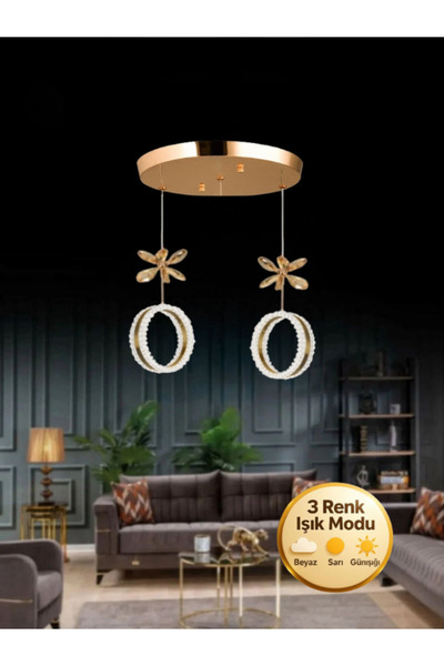 Litra Lighting Zero Model 2"li Kristal Taşlı Gold 3 Renk Modu Ledli Salon Mut...