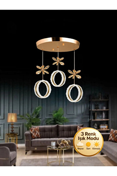 Litra Lighting Zero Model 3"lü Kristal Taşlı Gold 3 Renk Modu Ledli Salon Mut...