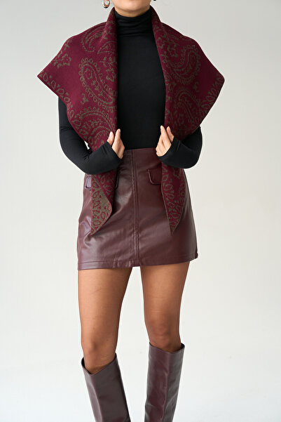 LOOSH Kadın Bordo Desenli Çift Kullanımlı Atkı Şal