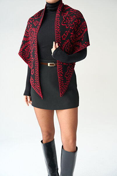 LOOSH Kadın Kırmızı Desenli Çift Kullanımlı Atkı Şal
