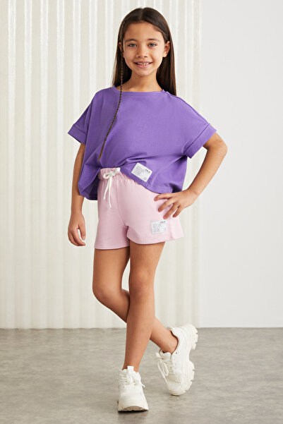 GRIMELANGE AMARE-GRM24037 100% bavlna 3 priadza ozdobný štítok dievčenské šortky Ružové šortky