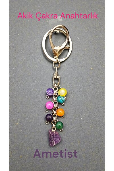arzela Doğal Tas Akik Çakra Anahtarlik Çelik Zincir,8mm Taş,Ametist doğal kes...