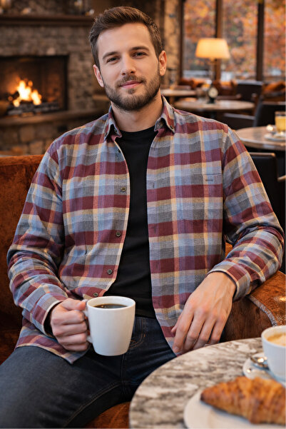 Varetta Erkek Bordo Kareli Kışlık Gömlek Yünlü Cepli Geniş Kesim