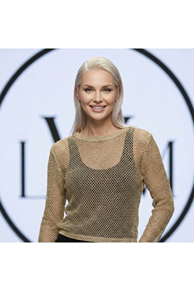 LWL Altın Rengi Metalik Simli Bisiklet Yaka File Örgü Bluz