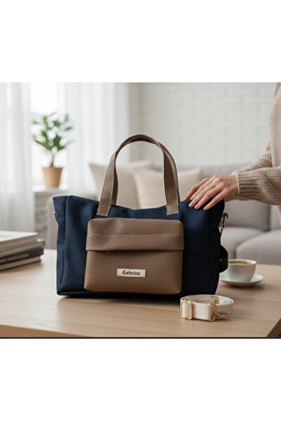 Caterina Collection Kanvas Deri Cep Detaylı Navy Blue Çanta