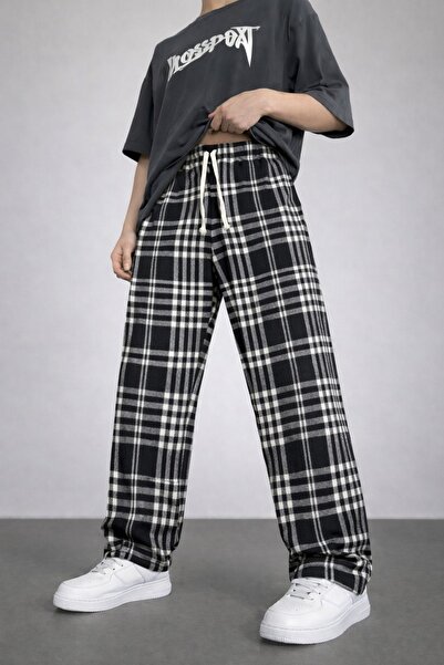 Lawina Giyim Unisex Ekose Siyah Kareli Kalın Kışlık Pijama Eşofman