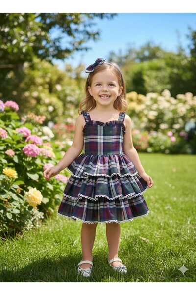 Dilek Bayramlık kız ekose detaylı kabarık elbise