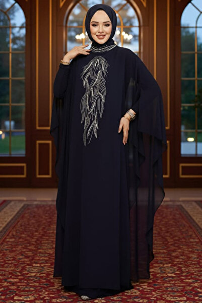Neva Style Poncho Detailed Navy Blue Hijab Abaya 25914L