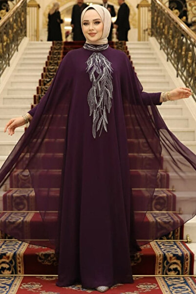 Neva Style Dark Purple Poncho Detailed Hijab Abaya 25914Kmor
