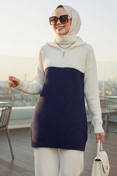 N.S NEVA STYLE Blok Renkli Lacivert Tesettür Triko Kazak Tunik 87501L