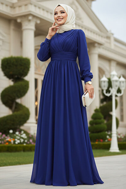 Neva Style Rochie de seară hijab albastru indigo închis drapat 46321KIM