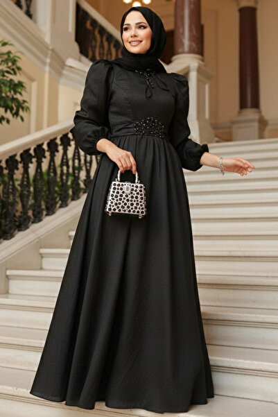 Neva Style Balon Kol Siyah Tesettür Abiye Elbise 45581S