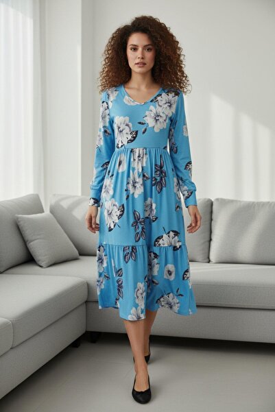 Mossta Rochie cu mâneci lungi, cu decolteu în V, cu model floral - Albastru