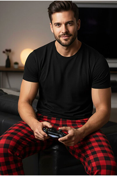 Siyah İnci طقم بيجامة محبوكة بأكمام قصيرة وياقة دائرية من القطن باللون الأسود