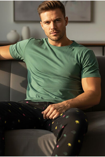 Siyah İnci yeşil desenli Pamuklu Bisiklet Yaka Kısa Kollu Örme Pijama Takım