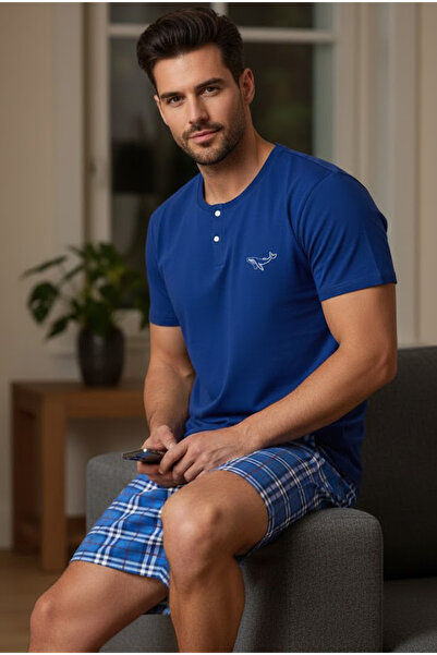 Siyah İnci Saks Blue Patterned Crew Neck Knitted Shorts Suit 25109645