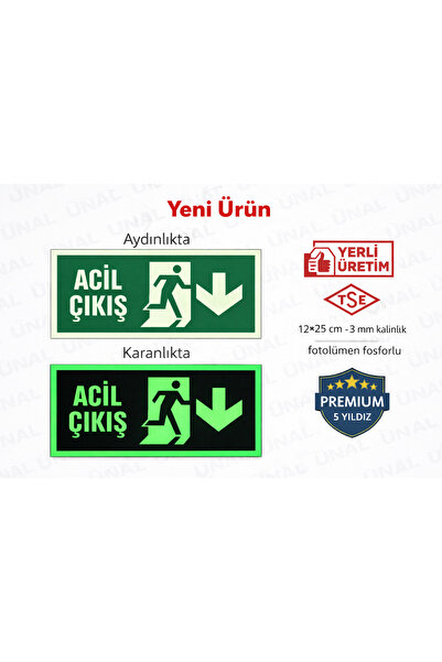 ünalgrup Fotolümen Fosforlu Acil Çıkış Aşağı Yön Levhası 12x25 Cm
