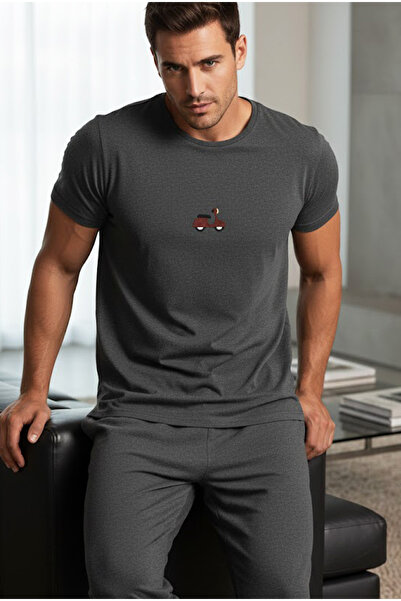 Siyah İnci Smoked Short Sleeve Knitted Embroidered Men's Pajama Suit 7794