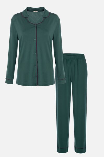 koza iç giyim Kadın Viskon - Yumuşak Dokulu Düğmeli Biyeli Bol Paça Pijama Ta...